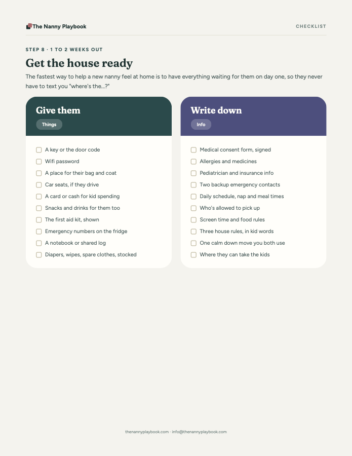 Guide page: get the house ready, things to give and info to write down
